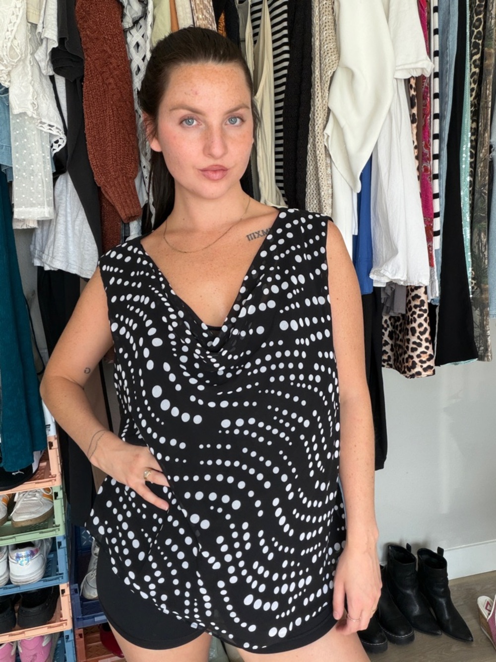 Jones New York Polka Dot Cowl Neck Blouse Size 18W Black White